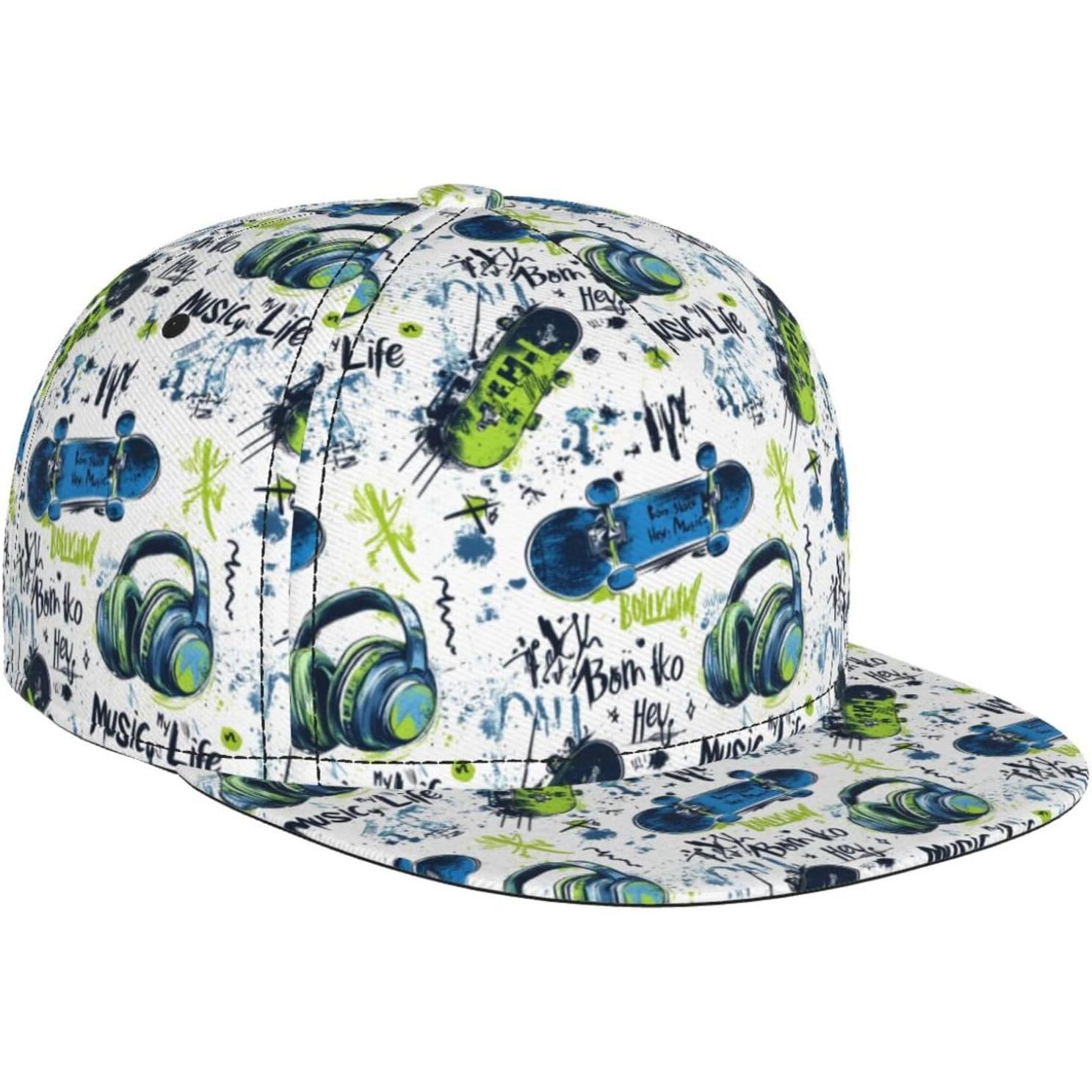 

Music Skateboard Graffiti Print Snapback Hats for Men Women, Adjustable Flat Bill Brim Hat for Men Baseball Cap Black One Size