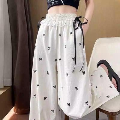 Damen Frühlings- und Sommer-Hose mit Schleife, Spitze, Patchwork, weites Bein, locker und lässig, faul