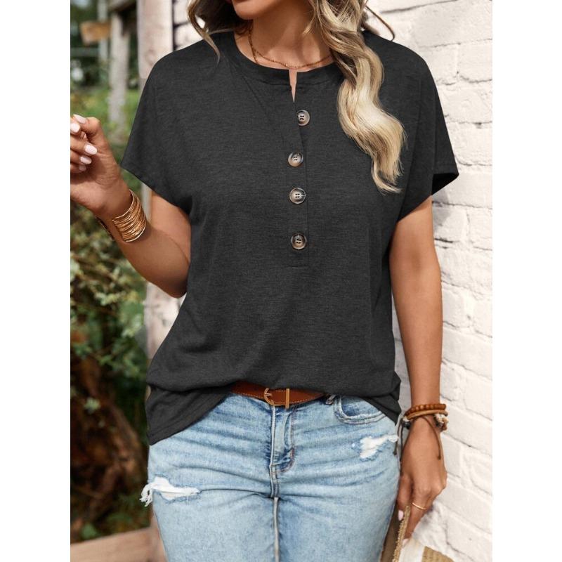 Women S Short Sleeve V Neck Solid Button T Shirt Casual