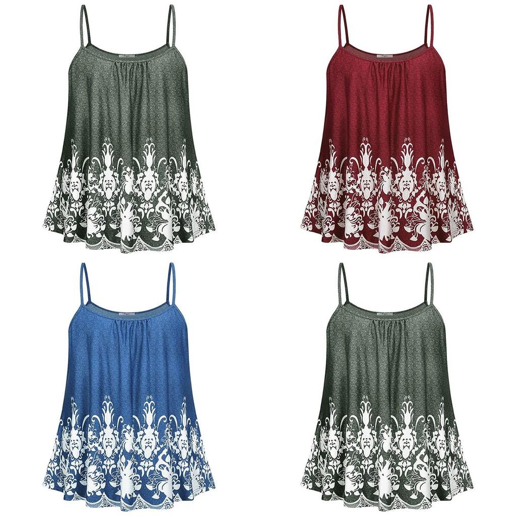Elegant Women Print Loose Casual Summer Pleated Flowy Sleeveless Camisole Tank Tops