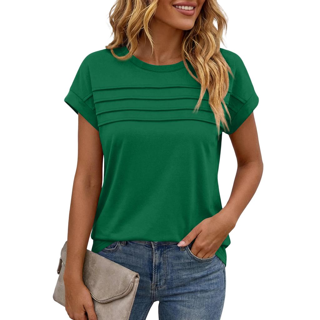 Women's Casual Top Monochrome Pleated Top Round Neck Short Sleeved Shirt