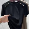 Summer New Cotton Round Neck Short Sleeve T-shirt Women's Solid Patchwork Button Korean Simple Fashion Casual Versatile Top 2024