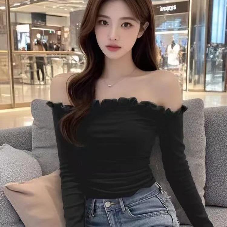 French one-word shoulder short long-sleeved top T-shirt, Spice Girl slim-fitting and thin autumn and winter bottoming shirt