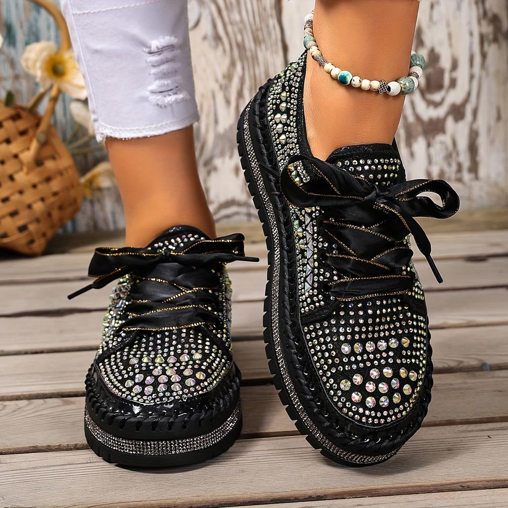 Size 35-44 Fashionable, Versatile, Elegant, Comfortable Lace-Up Chunky Sole Sequined Studded Sneakers