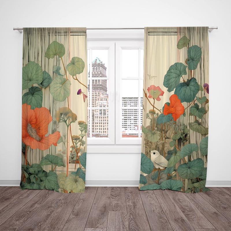 2pcs- Chinese-style fresh lotus polyester curtains, pole bag curtains 42*84, bedroom, living room, home room decoration