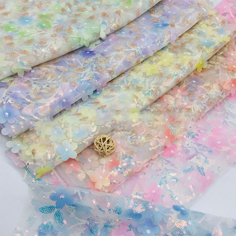 100x130cm 3D Floral Sequin Tulle Fabric Printed Sheer Mesh Cloth Glitter Sequin Net for Wedding Dress DIY Sewing Decor Material