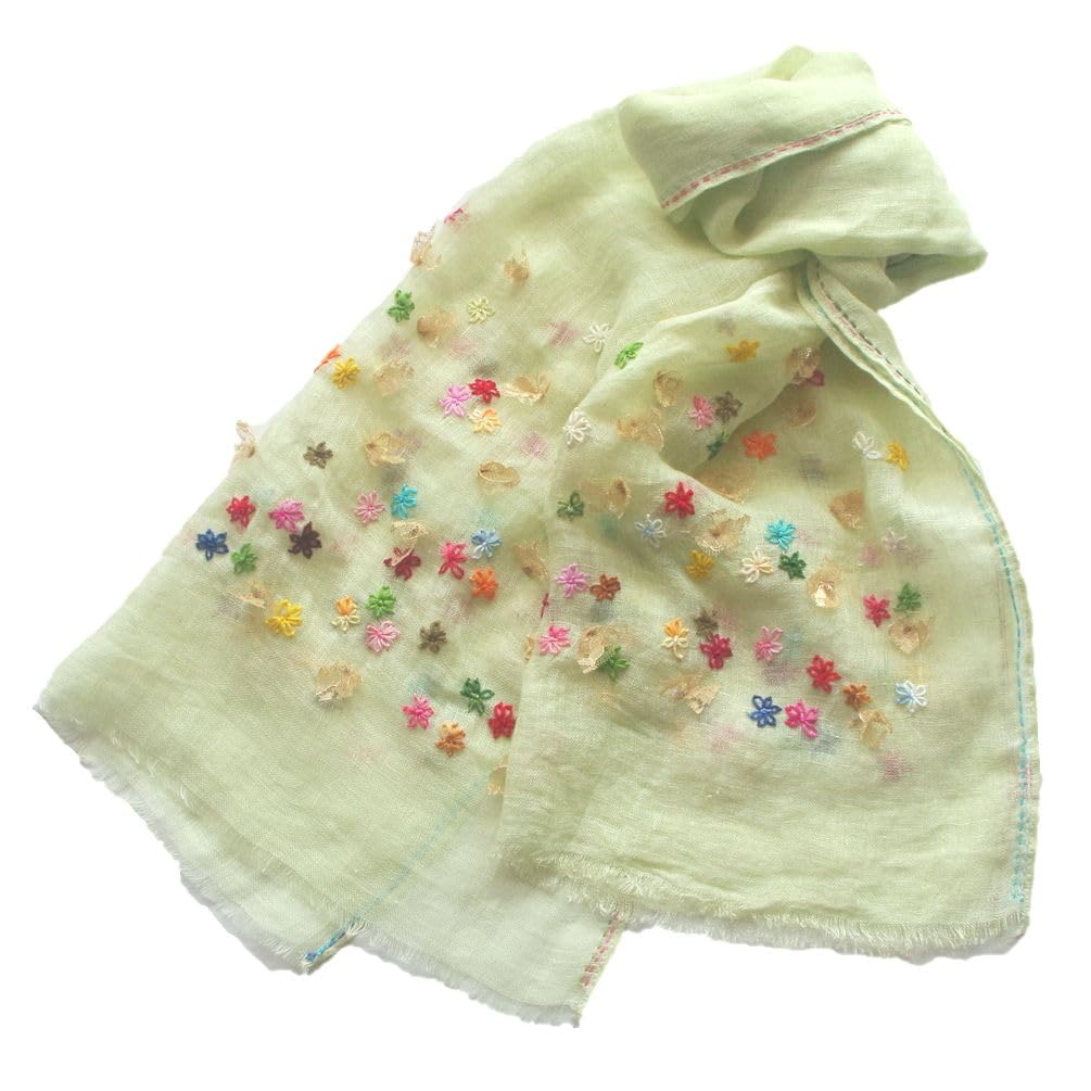 

all over the Linen Stole Embroidered Scarf Floral Ribbon Gauze Hemp Handmade Green [.a world] 100% Women s (Light Green)