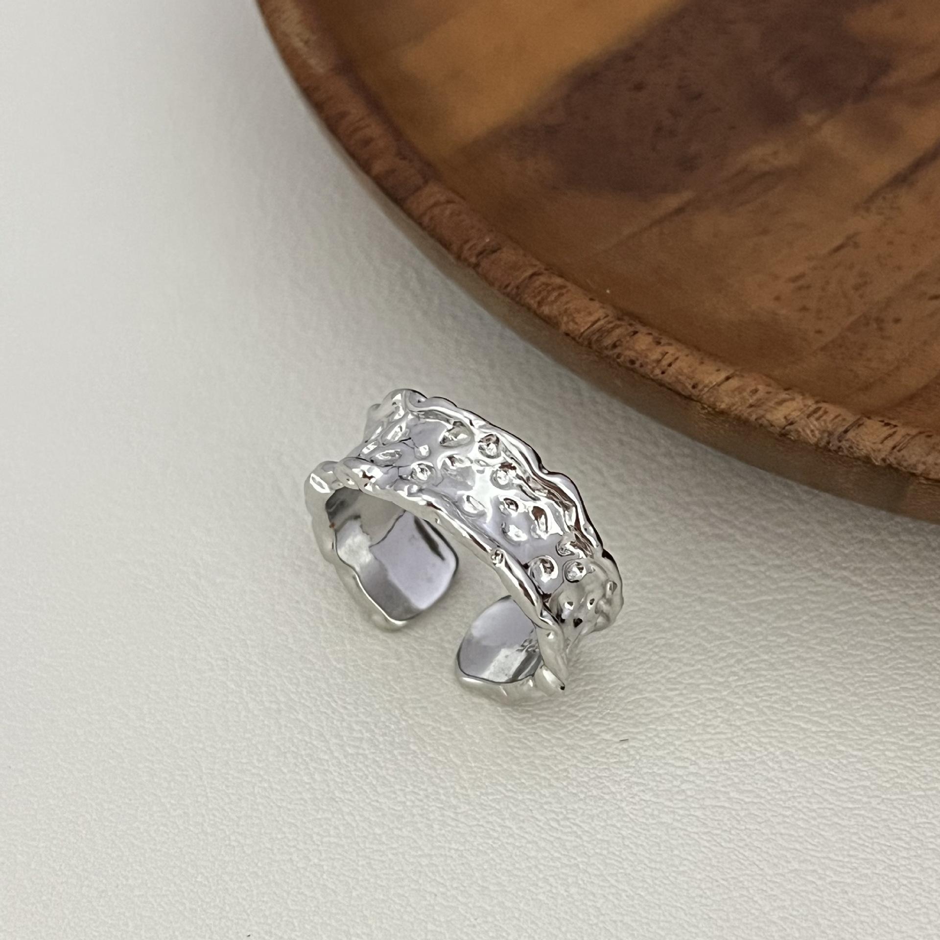Korean Style Hammered Adjustable Wide Ring - Trendy Meteor Crater Design Open Adjustable