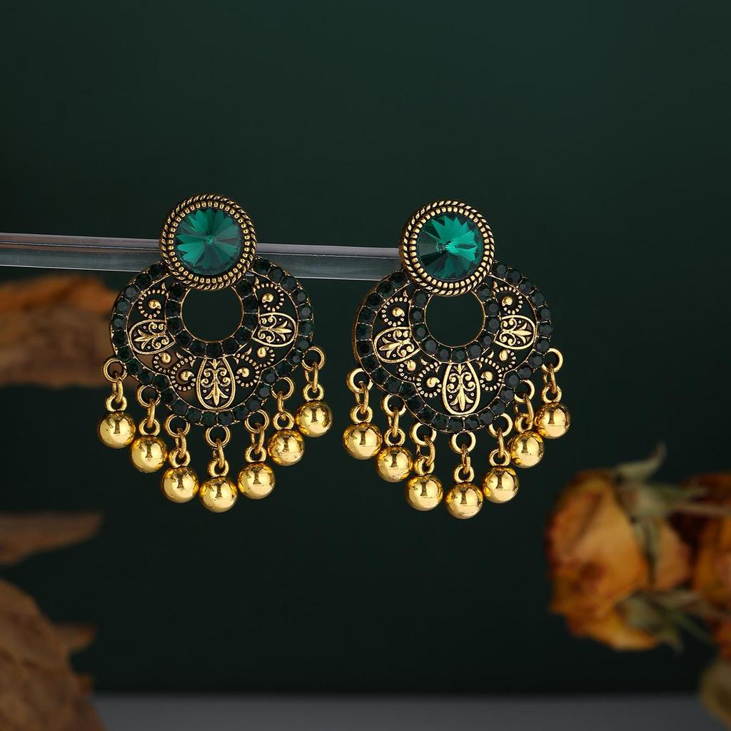 Bohemian Ethnic Rhinestone Tassel Petal Dangle Earrings for Women