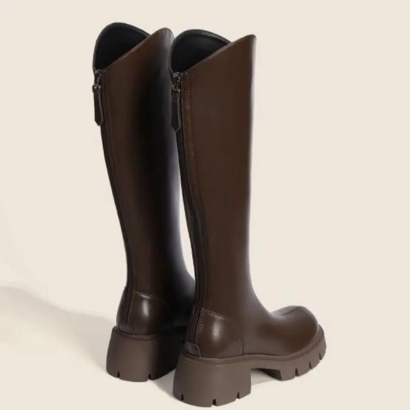 Fashion Ladies Knee High Shaft Shoes Black Round Toe Women's Long Boots Middle Heel Leather Designer Luxury Large Size Warm Quality Boot