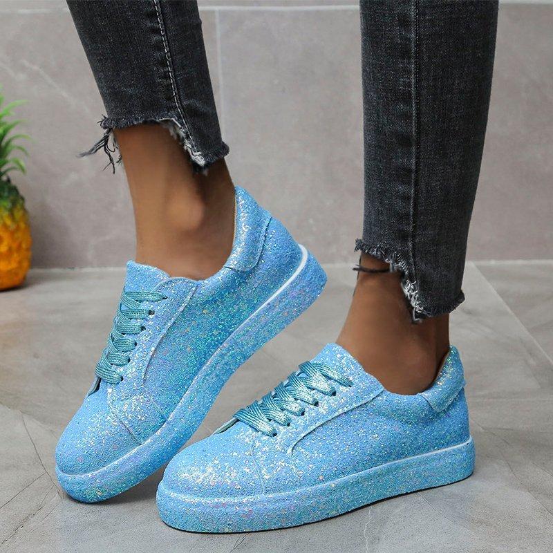 Large Size Sequined Casual Fashion Single Shoes Women'S Front Lace-Up Flat Bottom Round Head Bottom Top Sneakers Spot