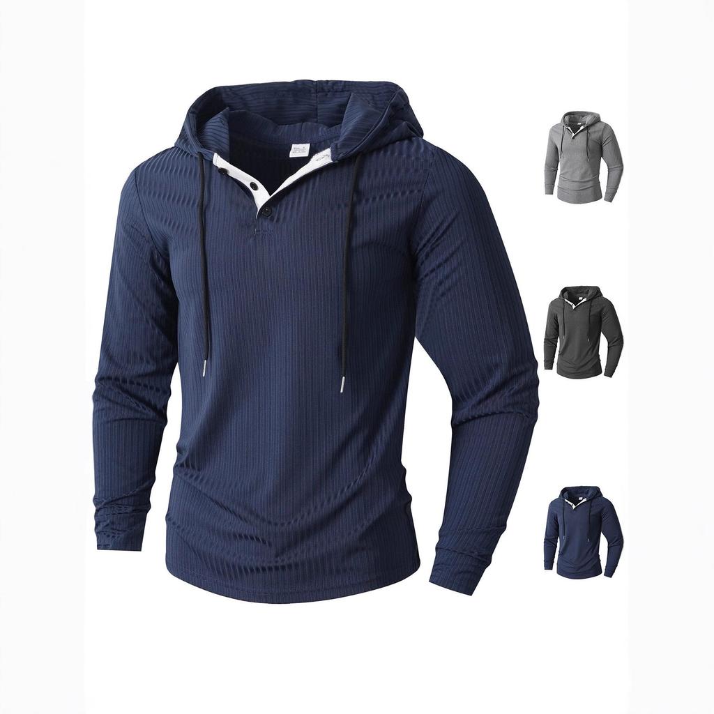 Men's Casual Long Sleeve Hooded Pullover with Drawstring and Buttons for Autumn/Winter
