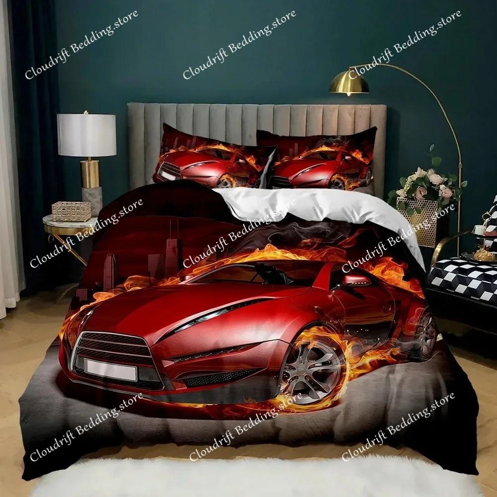 Race Car Duvet Cover Set King Queen Twin Size Red Flame Comforter Cover 3D Sport Car Theme for Boys Girl Polyester Bedding Set