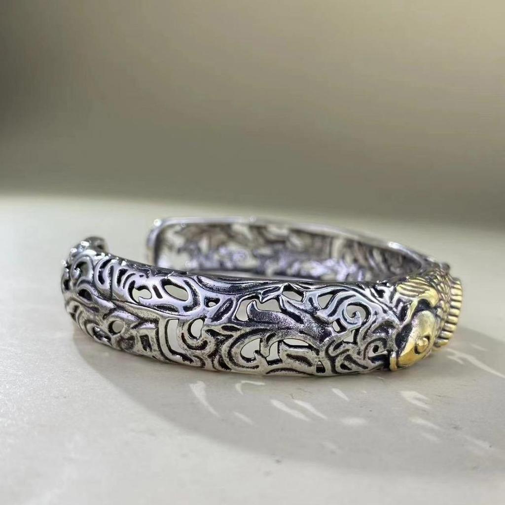 Yamagata Silver Men's Retro Open Bracelet with Miscolored Koi Arabesque Design