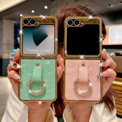 Funda de Lujo de Color Sólido con Chapado de Cuero 2 piezas para Samsung Galaxy Z Flip6 Flip5 Flip4 Flip3 Marco Diamantado Anillo Metálico a Prueba de Golpes Cubierta Plegable