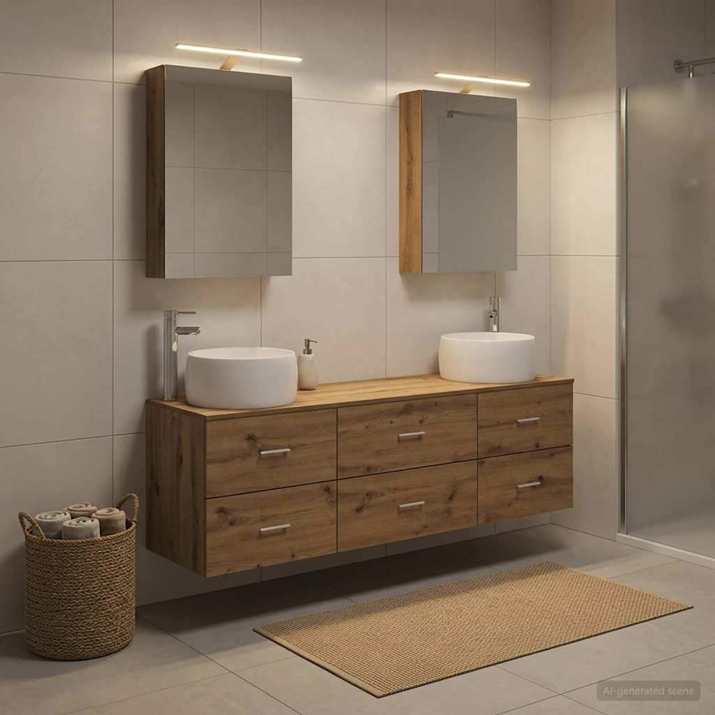 5 Piece Bathroom Furniture Set Artisan Oak Engineered Wood & Glass