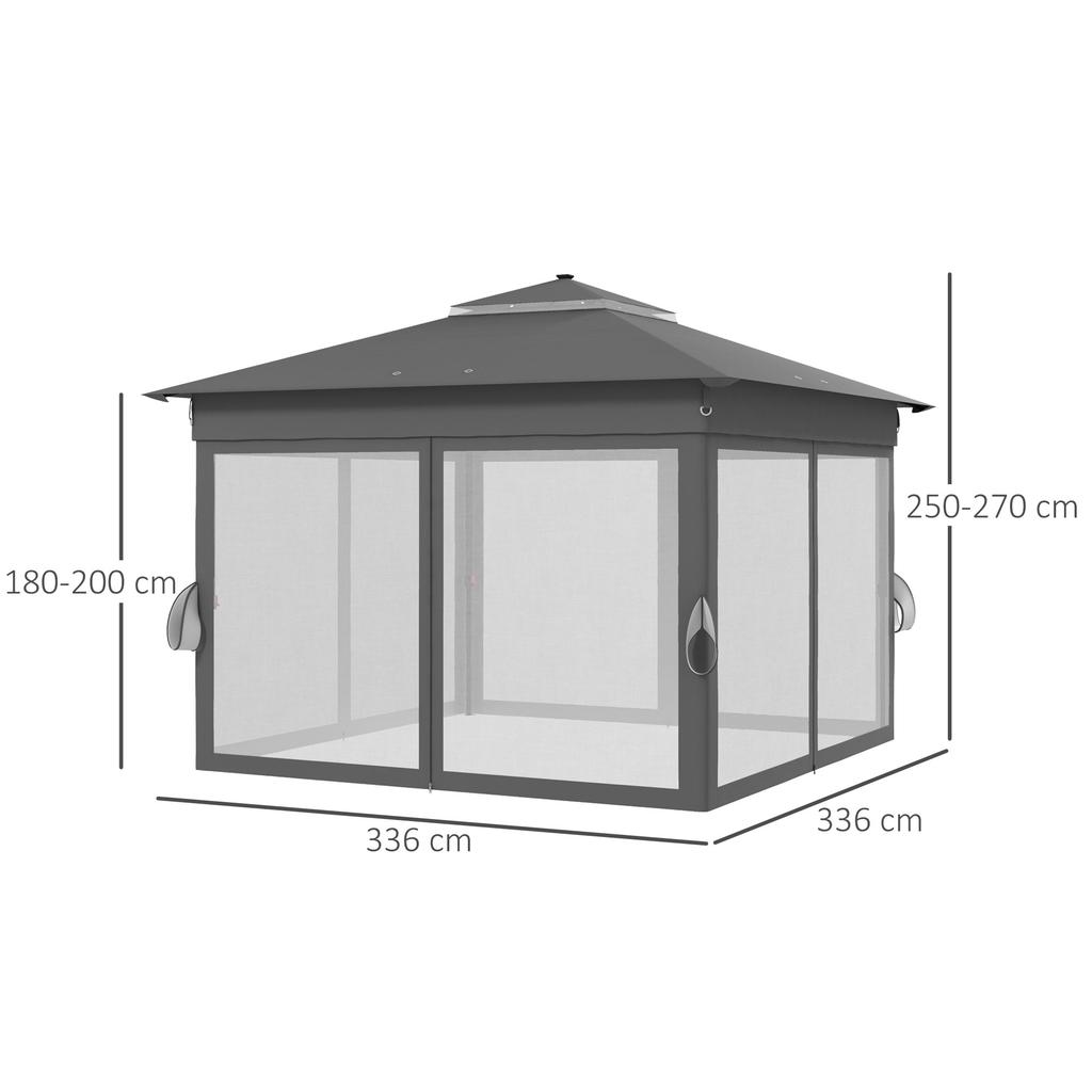 3.36 X 3.36m Pop Up Gazebo Party Tent with Solar-Powered LED Lights, Adjustable Event Shelter with Netting, Grey
