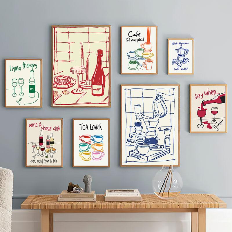 Red Hand Drawn Dining With Wine And Crab Coffee Modern Food Wall Art Canvas Painting Abstract Poster Hotel Bar For Kitchen Decor