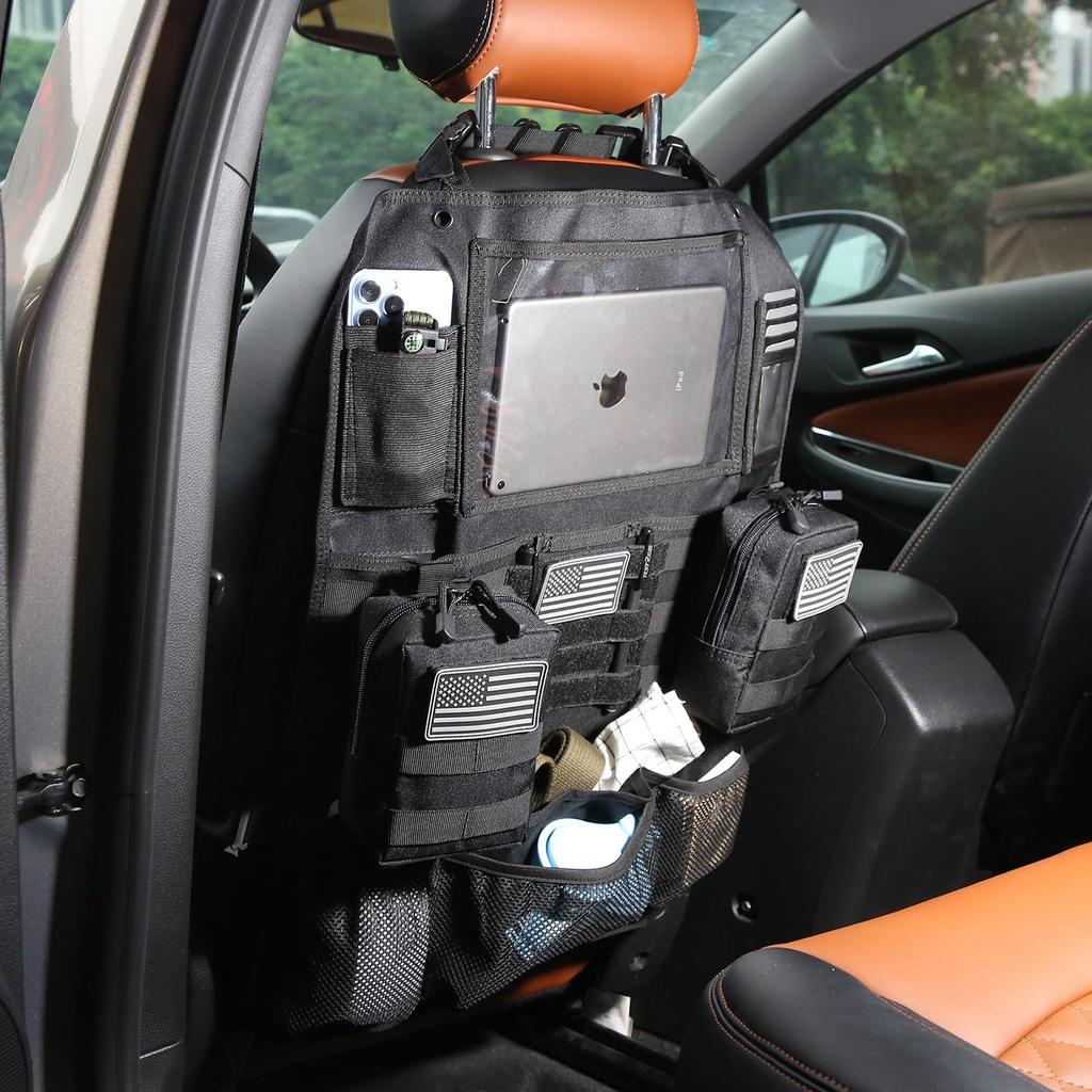 Tactical Car Seat Back Organizer Set Upgraded Tactical Molle Seatback Cover Protector Universal Fit Vehicles Truck MPV Pickup (Black with 2 Pouches)