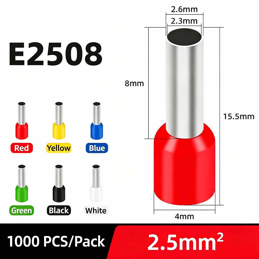 1000PCS Electrical Wire Ferrules Tubular Crimp Cable Terminals Connectors E0508 E1008 E1508 E2508 E4009 E6012 Sleeve Ferrules