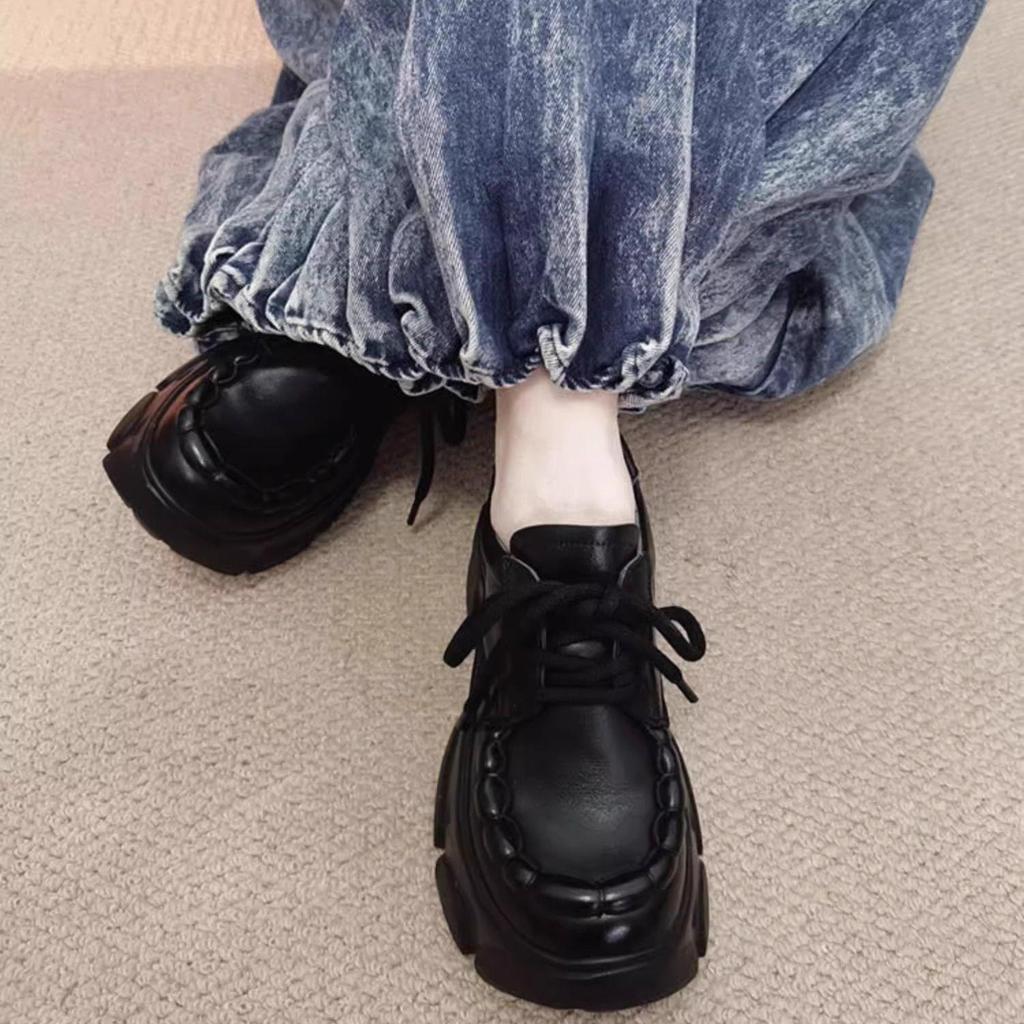 Spring 2025 Retro Chunky Heel Women's Genuine Leather Shoes - Handmade, Round Toe, Lace-Up Platform Design