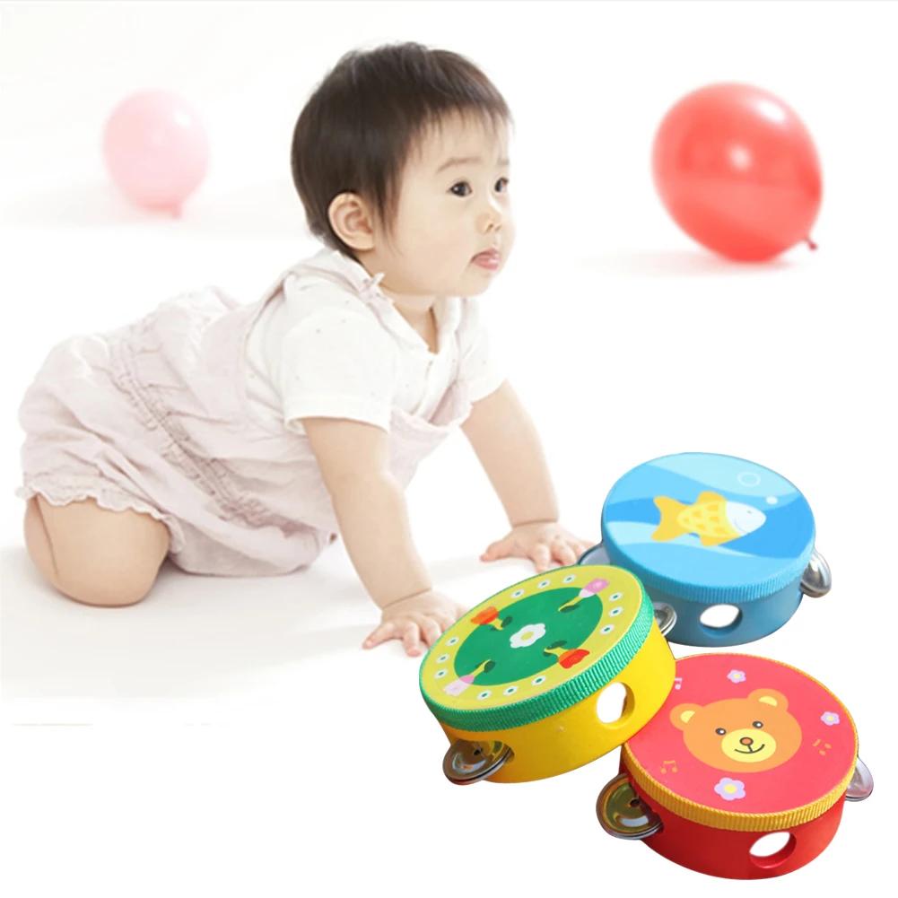 10cm Wooden Tambourine Drum Bell Teaching Aids Color Random Musical Instrument Percussion Lightweight for Children Holiday Gifts