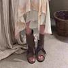 Niche Retro Straps, Leather Flat-bottomed Cool Boots for Women's Summer New Open-toed Thin Medium Boots