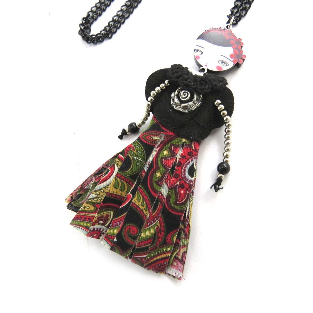 Les Trésors De Lily [N1695] - Designer Necklace 'Articulated Doll' Black Red Green - 80 Cm - 11x8 Cm