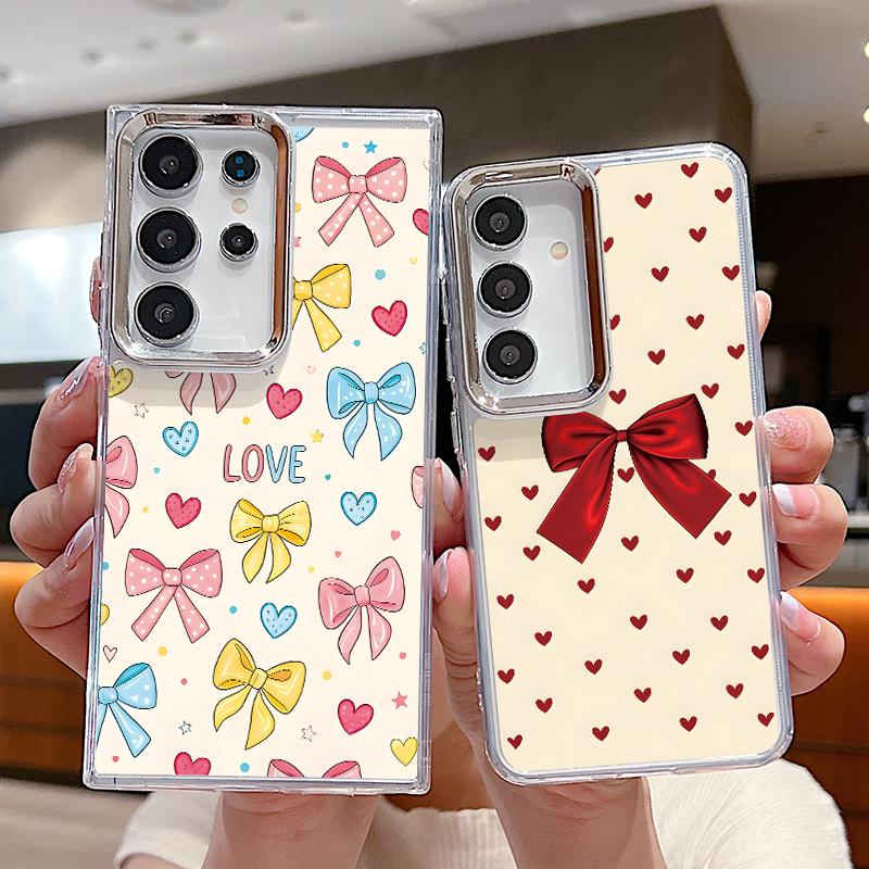Cute Cartoon Bowknots Print Case For Samsung S26 S25 Ultra S24 FE S23 Plus S22 S21 A15 A16 A17 A35 A36 A37 A54 A55 A56 A57 5G Plating Lens Soft Cover