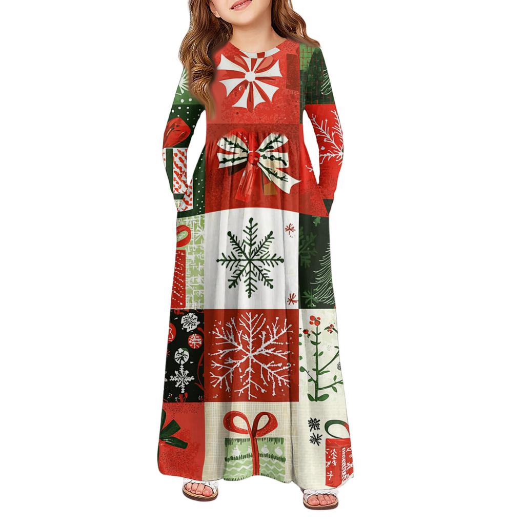 Rochie Maxi pentru Fete - Rochie cu Mânecă Lungă și Buzunare Zi de Crăciun