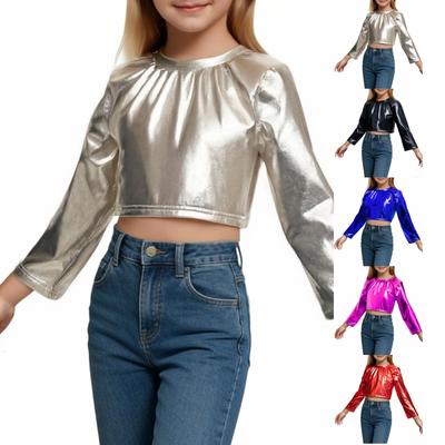 Girls Long Sleeve Shirt  Shiny  Cropped  Crewneck Dance Disco Streetwear  Tops