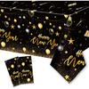 2PCS Happy New Year Tablecloth, Disposable Black Gold NYE Party Tablecloth Decorations, Rectangular Plastic New Year Table Cover NYE Theme Party