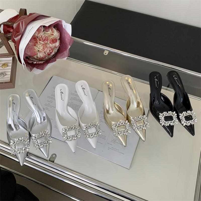 Summer Street Women's Slippers Slim Fashion Pointed Rhinestone Gold Silver High Heels Party Wedding Shoes