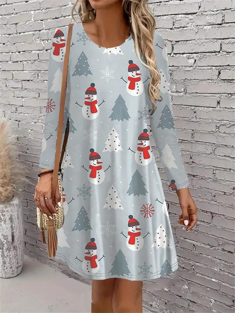 New Year Party Women Dress Christmas Robe Casual Long Sleeve O-Neck Loose A-Line Dress