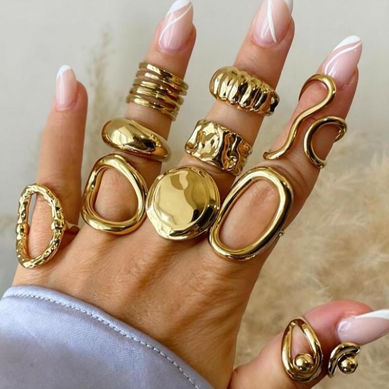 10Pcs/Sets Hiphop Irregular Hollow Arc-Shaped Rings for Women Men Punk Gothic Smooth Opening Rings Set Party Jewelry Accessories