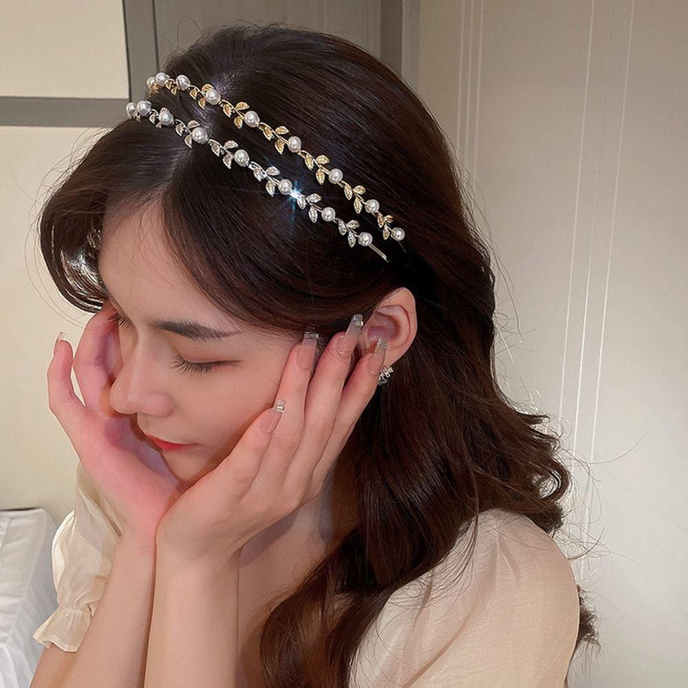 Accessories Tiara Gold Leaf Headband Rhinestone Hair Band Girl Thin Hair Hoop Korean Style Headwear