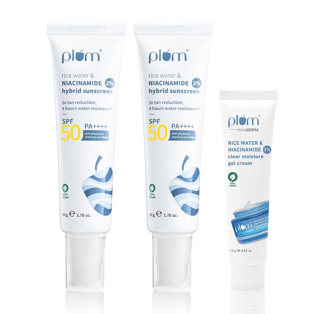 

Plum All Sunscreen SPF50 PA++++ 2% Niacinamide & Rice Water 50G X Pack Of 2 With Free Gel Cream 15G