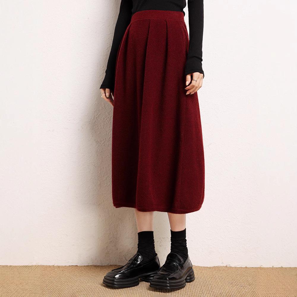 

Women s 100% Cashmere High-Waist Pleated Midi Skirt - New Autumn/Winter Knitted Design One Size