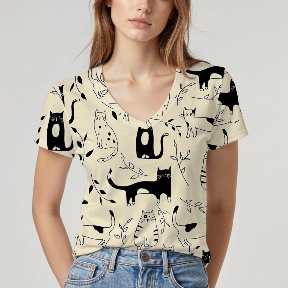 New V-neck women's short-sleeved T-shirt with cat pattern design. Summer top with soft texture, comfortable and breathable