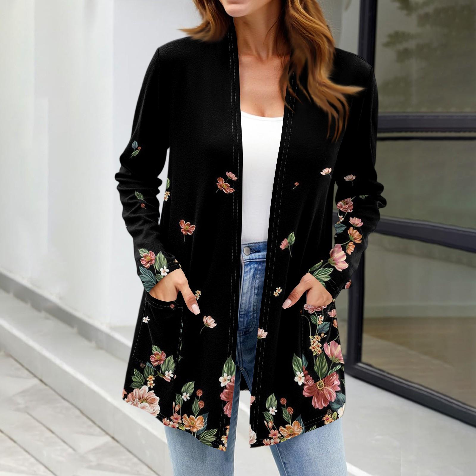

Women s Lightweight Cardigan Sweaters Open Front Long Sleeve Casual Loose Thin Cardigans With Pockets L чорний