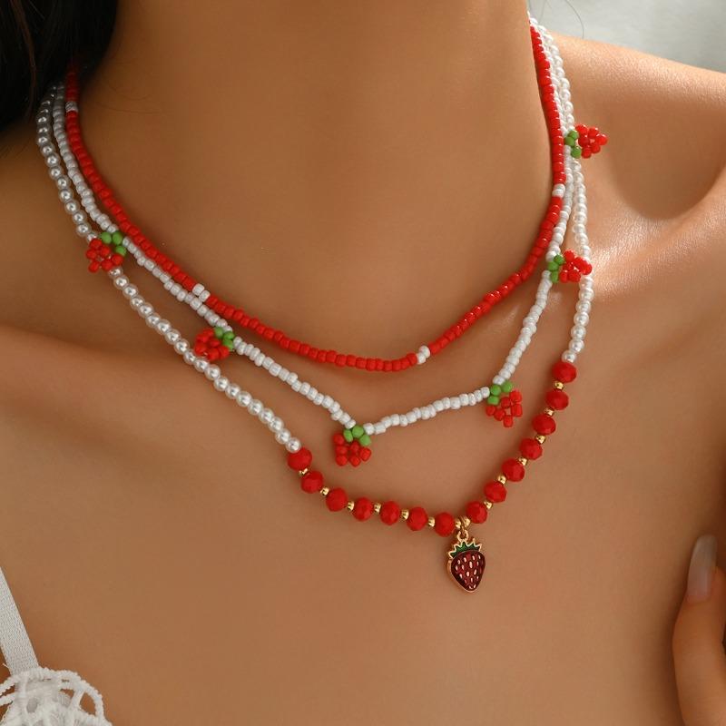 Pearl Necklace Set Jewelry New Strawberry Necklace Small Fresh Soft Pottery Rice Bead Necklace Women