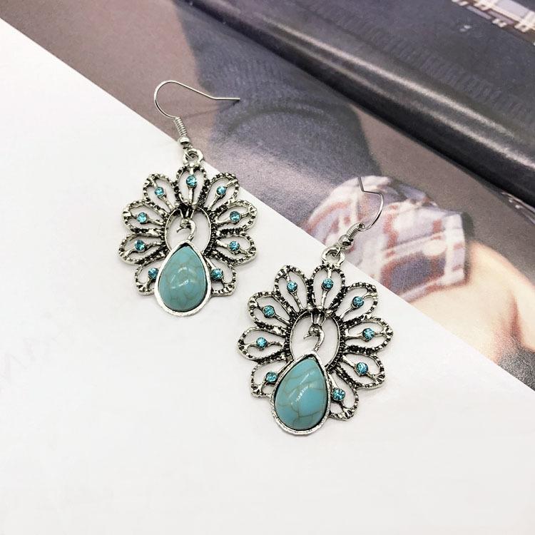 Vintage Necklace Earrings Set Bohemian Ancient Silver Turquoise Sweater Collarbone Chain Versatile Earrings