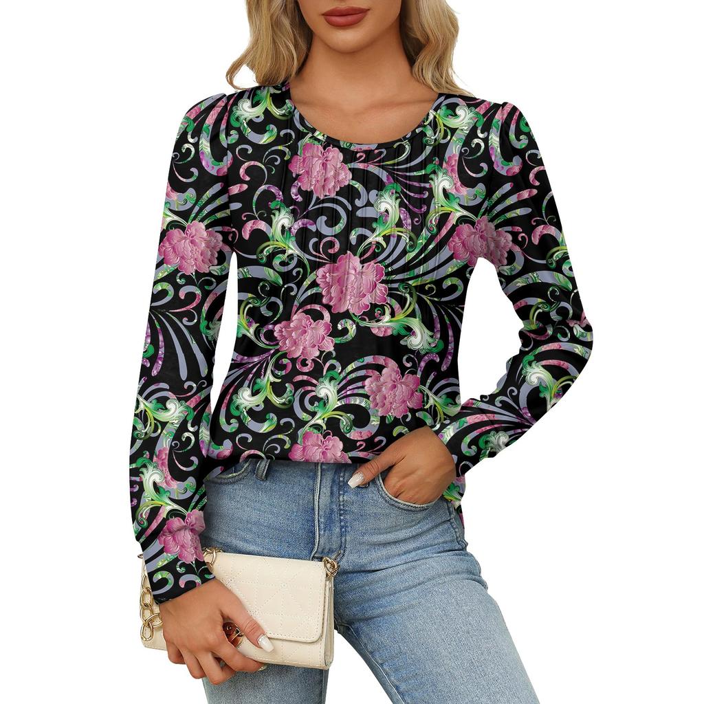 Košile s dlouhým rukávem pro ženy Roztomilý potisk Grafická trička Halenky Oblečené Ležérní halenky Skládané tuniky s nabíraným výstřihem