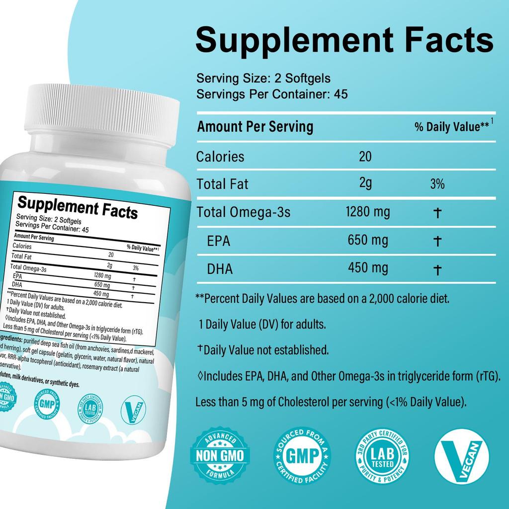 Omega 3 supplement with 1100 mg of EPA and DHA—supports brain, eye, heart, and immune system health. 90 capsules.