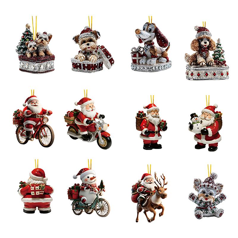 Christmas Pendant Acrylic 2D Cartoon Santa Claus Snowman Animal Pet Festive Hanging Ornaments For Xmas Tree Decor