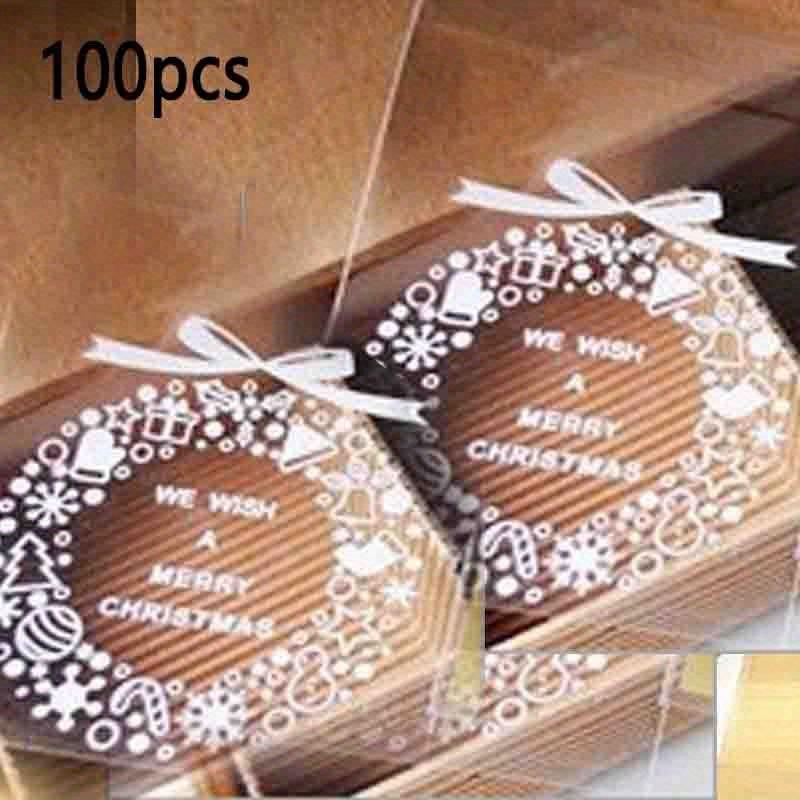 

100 шт. Красные пластиковые пакеты с самоклеящимся клапаном «Санта Клаус и сани» – Рождественская упаковка для печенья и хранение в повседневной жизни White Wreath