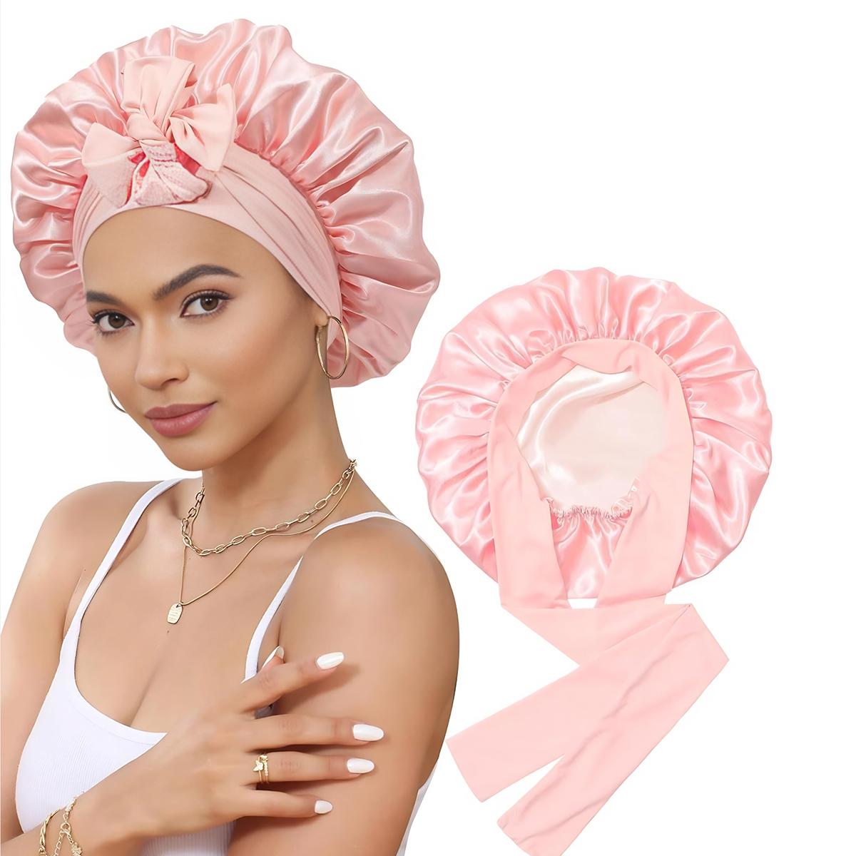 

1 Piece Double Layer Satin Cap Soft Breathable Hair Care Cap Adjustable Sleeping Cap Women Styling Tool Family Gift рожевий
