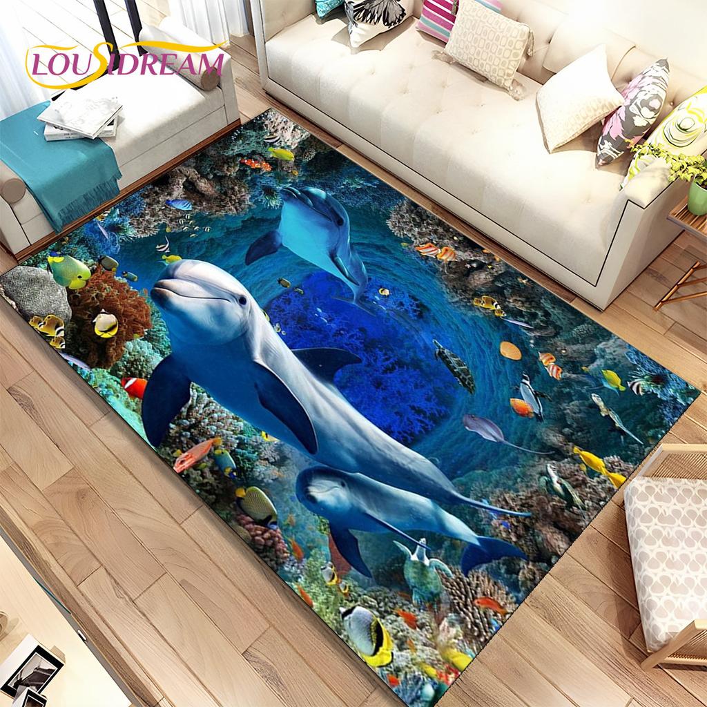3D Illusion Seabed Underwater World Dolphin Shark Area Rug,Carpet Rug for Living Room Bedroom Sofa Doormat,Non-slip Floor Mat