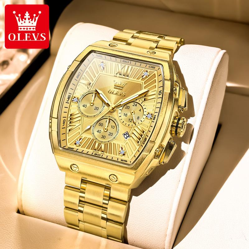 OLEVS Tonneau Watch Men Luminous Waterproof Date Stainless Steel Chronograph Quartz Watches for Men