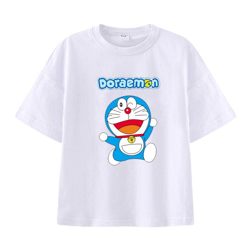 Pure Cotton Childrens Shortsleeved Tshirt for Summer Boys and Girls Halfsleeved Childrens Clothing with Doraemon Pattern